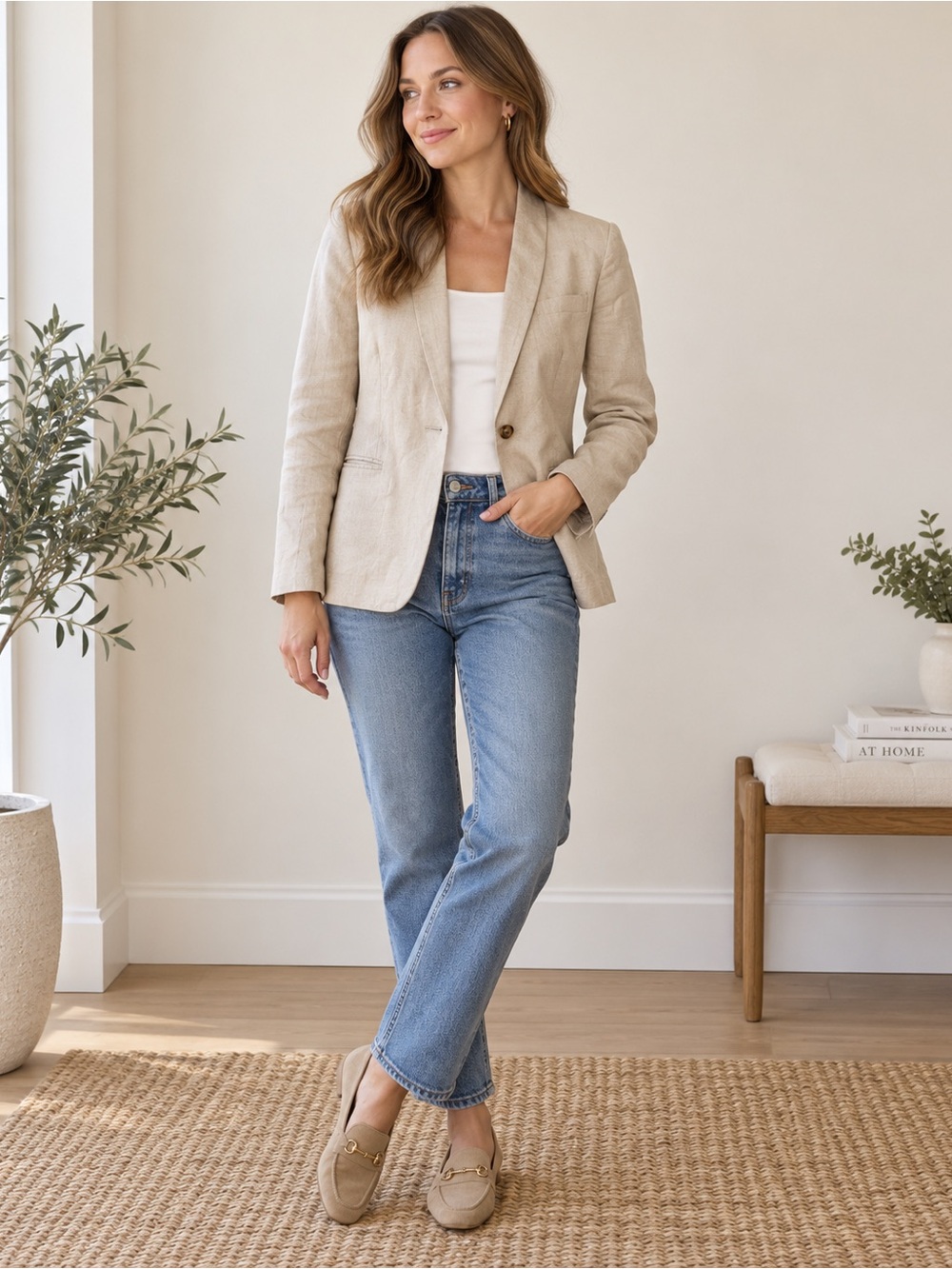 J.Crew Women’s Light Beige Single-Button Linen Blazer, Size 14